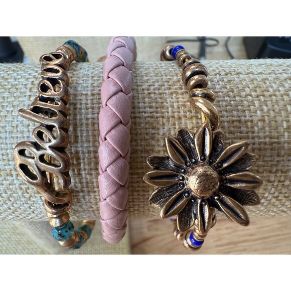 Alex & Ani Set Of 3 Memory Wire & Beaded Bracelets With Pink Braided Leather Tur - Picture 1 of 9